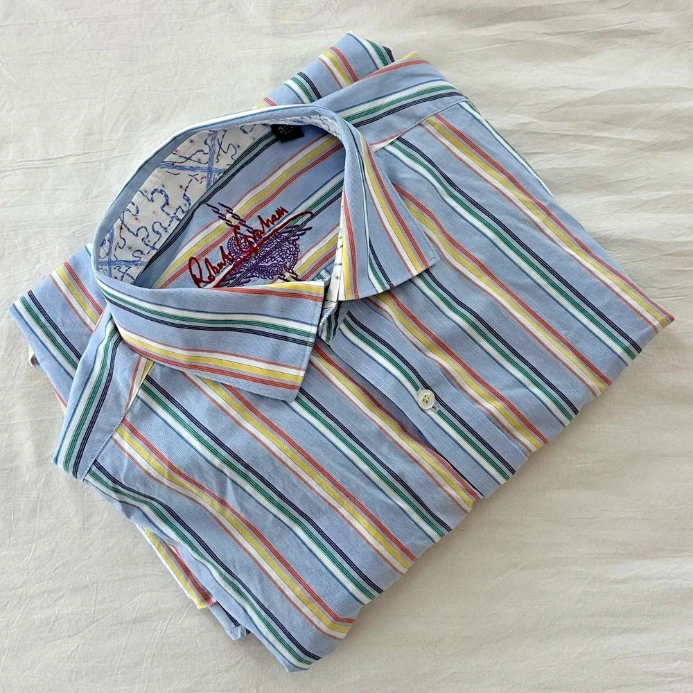 Robert Graham Mens XL Shirt Long Sleeve‎ Flip Cuff  Striped Multicolor Cotton - Picture 2 of 10